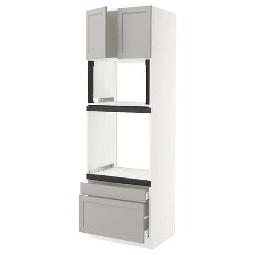 White SEKTION kitchen unit with grey handles, 3 shelves, 2 open, 1 with drawers.