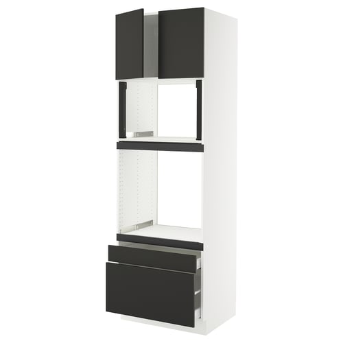Modern black and white kitchen cabinet, vertical, with drawers and open shelves.