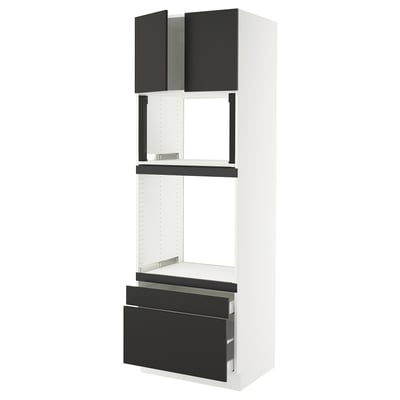 Modern black and white kitchen cabinet, vertical, with drawers and open shelves.