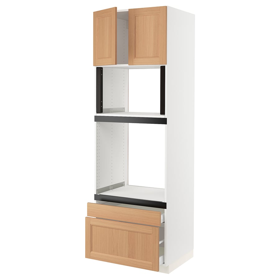 SEKTION / MAXIMERA High for oven/microwave with 2 drawers/2 doors, white/Vedhamn oak