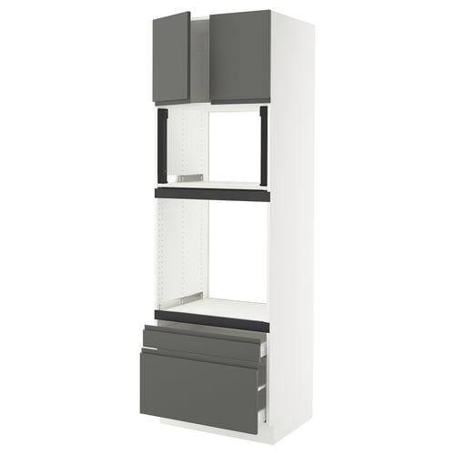 A SEKTION kitchen unit in white and dark grey with drawers and cabinets. It includes a tall cabinet with dark grey handles and open shelves.