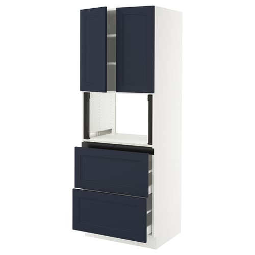 SEKTION kitchen unit in blue and white. It cabinets, drawers, and an open shelf. Modern design with a 25-year guarantee.