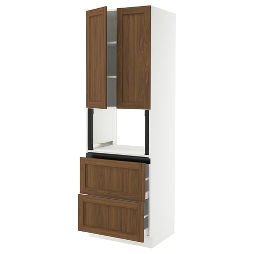 Walnut-colored kitchen cabinet with open compartment and drawers from IKEAs SEKTION line.