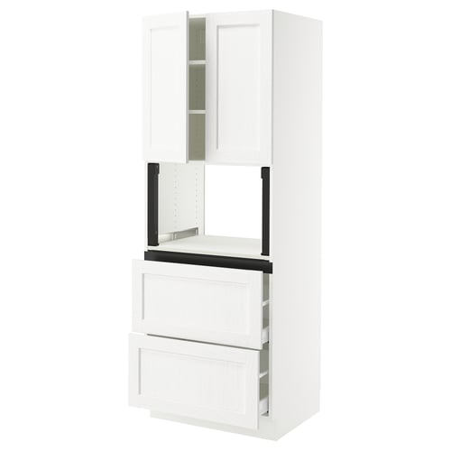 SEKTION white kitchen unit. Tall cabinet with open shelf, drawers, and doors in a classic wooden design.
