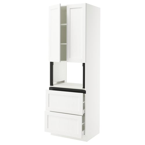 Modern white kitchen cabinet, tall with drawers, textured doors.