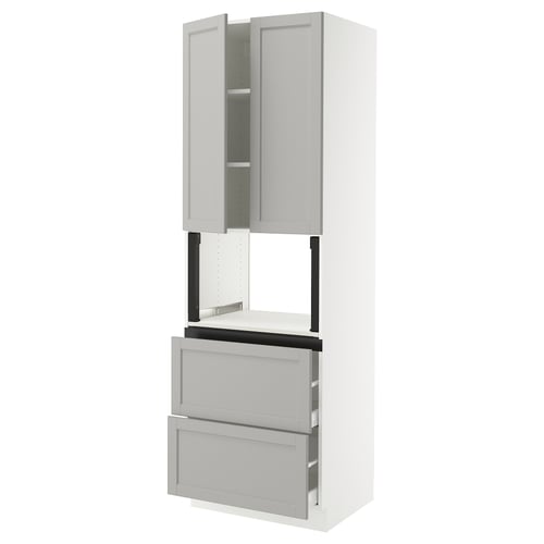 A white SEKTION kitchen storage unit with grey drawers and shelves. It has a slim, tall design with both drawers and cabinet doors.