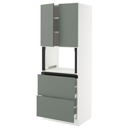Ikea SEKTION kitchen unit in greenish-gray with drawers and shelves.