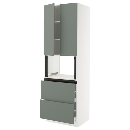 A SEKTION kitchen unit with matt grey-green nickebo fronts. It has two cabinets above and two drawers below, supported by a white frame.