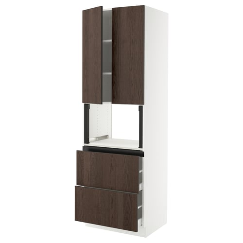 SEKTION kitchen unit: white & brown. Tall, 3 drawers, 2 doors, wood texture, modern.