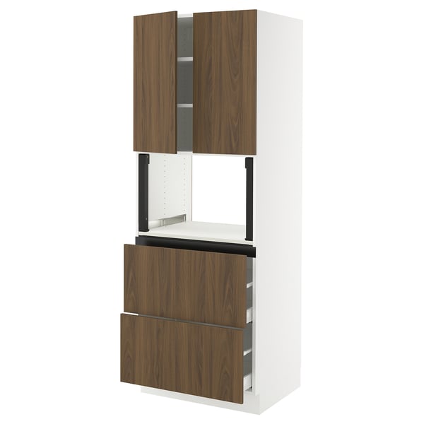 SEKTION / MAXIMERA Hi cb f micro w 2 drawers/2 doors, white/Tistorp brown walnut effect, 30x24x80 "