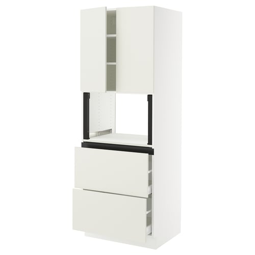 A white SEKTION kitchen cabinet with drawers and shelves. It has a sleek, modern design.