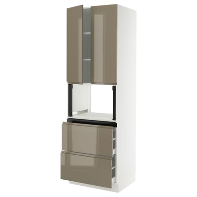 SEKTION / MAXIMERA Hi cb f micro w 2 drawers/2 doors, white/Voxtorp high-gloss dark grey-brown, 30x24x90 "