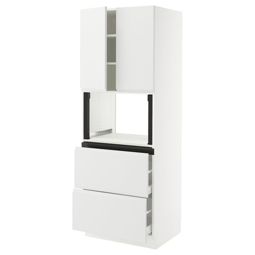 An ikea SEKTION kitchen unit with white cabinetry and black accents.