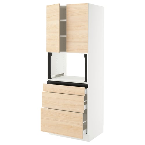 An ikea SEKTION kitchen cabinet in light ash color with wooden drawers and doors.