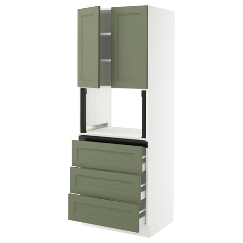An ikea SEKTION kitchen unit with green-gray axstad fronts and white sides, featuring cupboards and drawers.