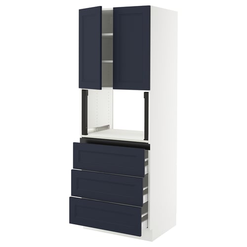 A white and blue ikea SEKTION kitchen cabinet with three blue drawers and two blue doors, offering modern storage.