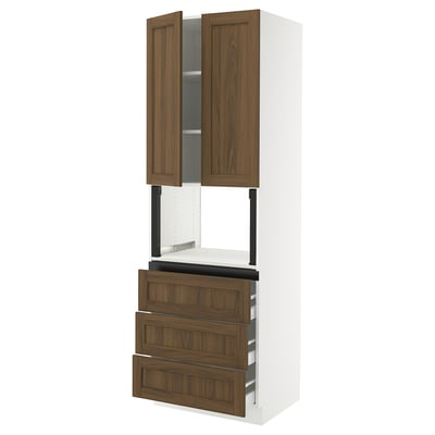 SEKTION / MAXIMERA Hi cb f micro w 3 drawers/2 doors, white Enköping/brown walnut effect, 30x24x90 "