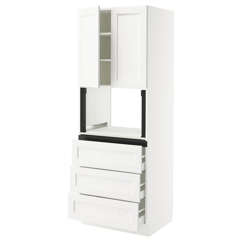 White ikea SEKTION kitchen cabinet with drawers and shelves, modern fiberboard and plastic structure.