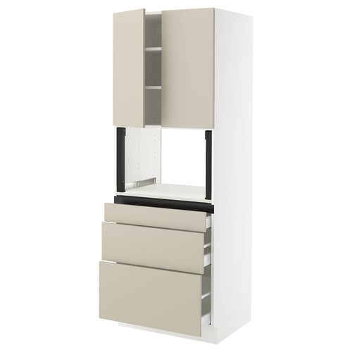 Depicts a beige SEKTION kitchen cabinet with multiple drawers and a top cabinet. It is elegant, modern, and functional.