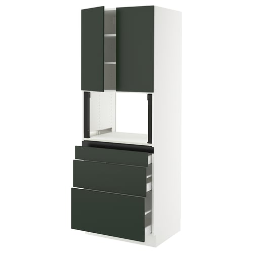 A modern kitchen cabinet called SEKTION with dark green doors and drawers, white main body, and sleek handles.