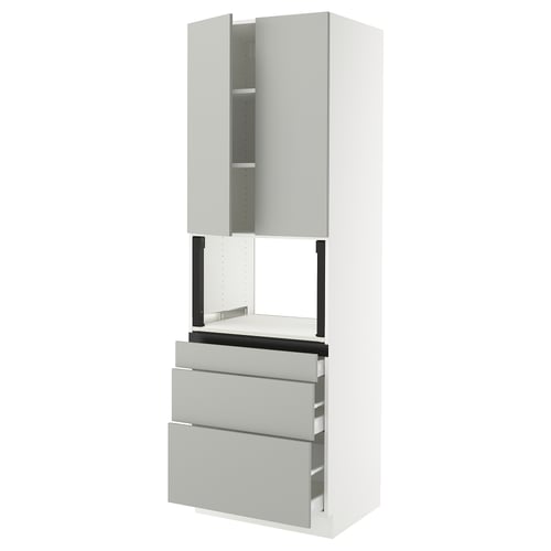 A SEKTION kitchen unit in light grey. It has upper cabinets and three lower drawers, a modern and sleek design.