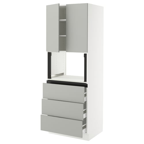 Modern white kitchen unit with grey drawers and cabinet.