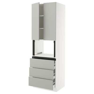 This image shows a white SEKTION kitchen unit with modern light grey drawers and cabinet doors. It has a clean, minimalist design with ample storage.