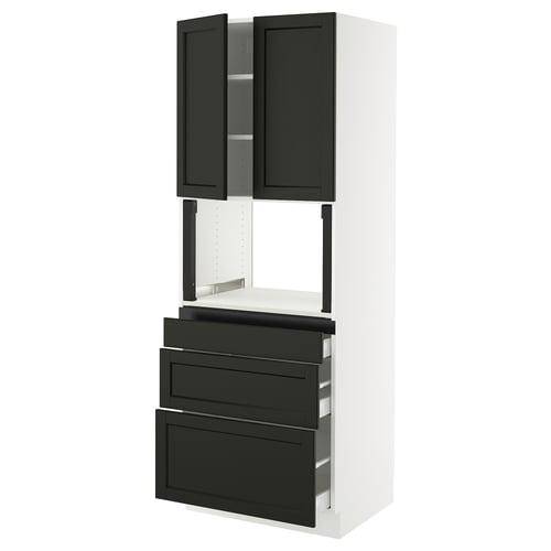 An assembled SEKTION kitchen cabinet with black lerhyttan doors and drawers, featuring a traditional design.