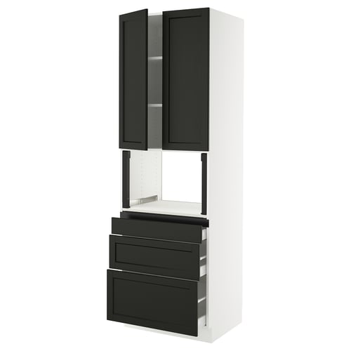 A black and white kitchen cabinet unit with five drawers and two doors.