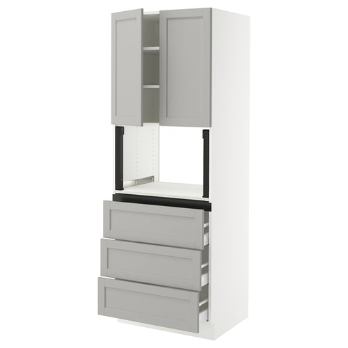 White SEKTION kitchen unit with grey drawers and cabinets, sleek modern design.
