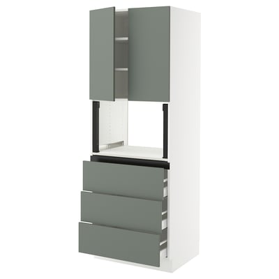 An ikea SEKTION kitchen unit in green-gray and white, featuring cabinets, drawers, and a built-in area.