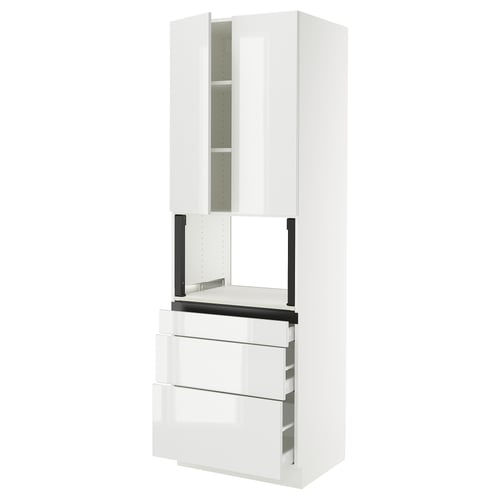 A white SEKTION kitchen unit with glossy doors and drawers, featuring a high cabinet and multiple storage compartments.