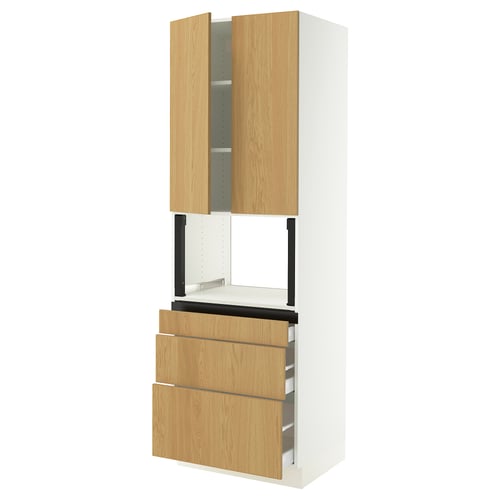 Ikea SEKTION kitchen cabinet with wooden doors and drawers, metal handles, two adjustable shelves, three drawers, minimalist design.