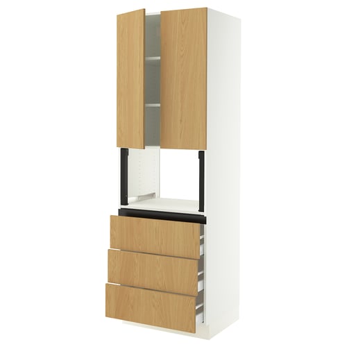 SEKTION light wood kitchen cabinet, tall unit with drawers and shelves.