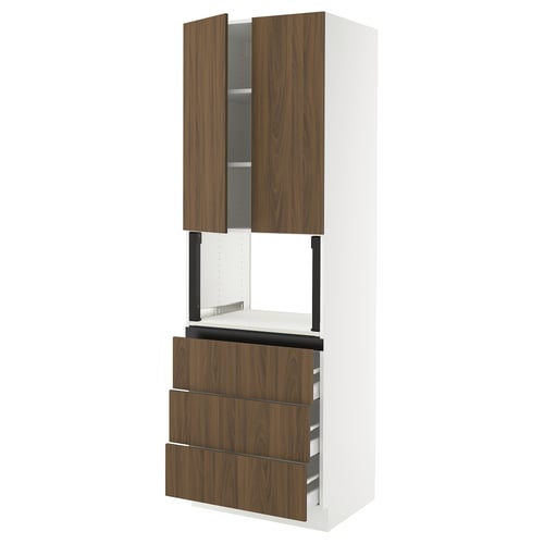 Modern white kitchen cabinet with walnut drawers and doors.