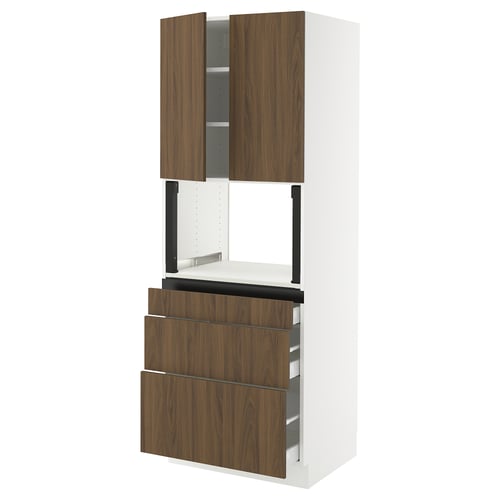 SEKTION white kitchen unit. Tall, wooden brown drawers and doors.