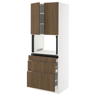 SEKTION / MAXIMERA Hi cb f micro w 3 drawers/2 doors, white/Tistorp brown walnut effect, 30x24x80 "