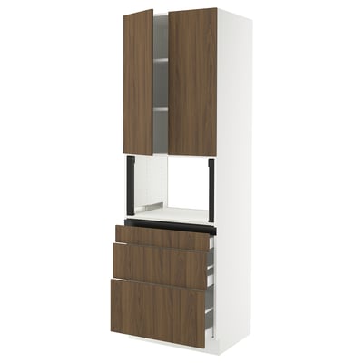 SEKTION / MAXIMERA Hi cb f micro w 3 drawers/2 doors, white/Tistorp brown walnut effect, 30x24x90 "