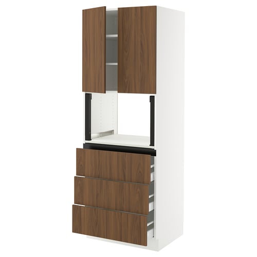 SEKTION kitchen unit, walnut-brown, white, rectangular with drawers and shelves.