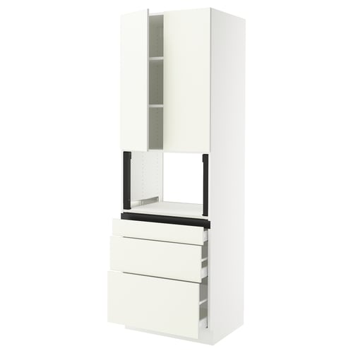 A white SEKTION kitchen cabinet with drawers and a tall storage section. Clean, modern design with a sleek finish.