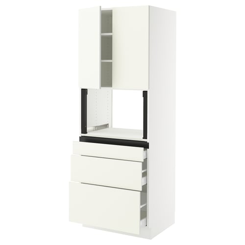 SEKTION white kitchen unit with drawers and shelves.