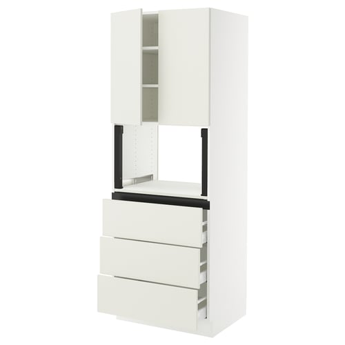 White SEKTION kitchen unit with smooth, minimalist design featuring three drawers and an upper cabinet with shelves.