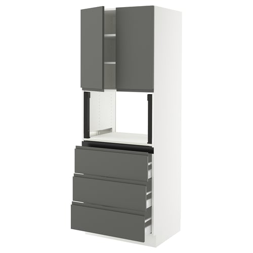 Modern grey kitchen cabinet with white frames and integrated handles.