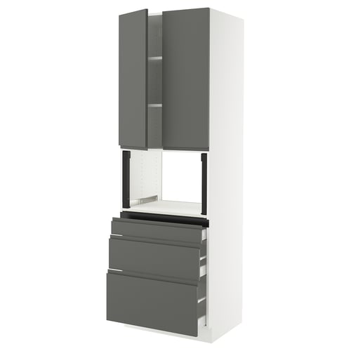 Modern kitchen unit in dark grey and white with minimal handles.