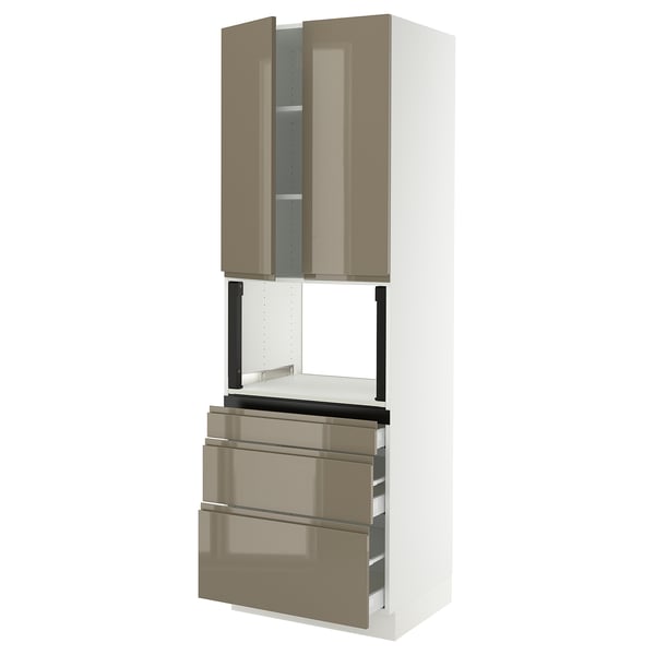 SEKTION / MAXIMERA Hi cb f micro w 3 drawers/2 doors, white/Voxtorp high-gloss dark grey-brown, 30x24x90 "