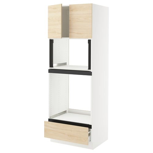 White and wood SEKTION kitchen unit with drawers and shelves.
