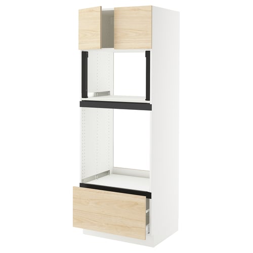 SEKTION kitchen unit in light ash with white, narrow shelves and wooden drawer.