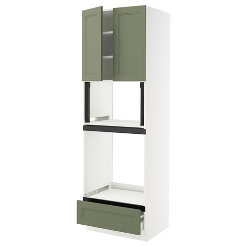 Modern white kitchen cabinet with sleek green doors and drawer, featuring a tall shelf and built-in organiser.