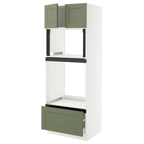 A white ikea SEKTION kitchen cabinet with green-grey drawers and doors, featuring a modern traditional design.