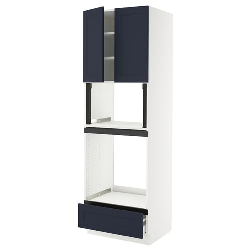 SEKTION kitchen unit, blue & white, tall with shelves & drawers.
